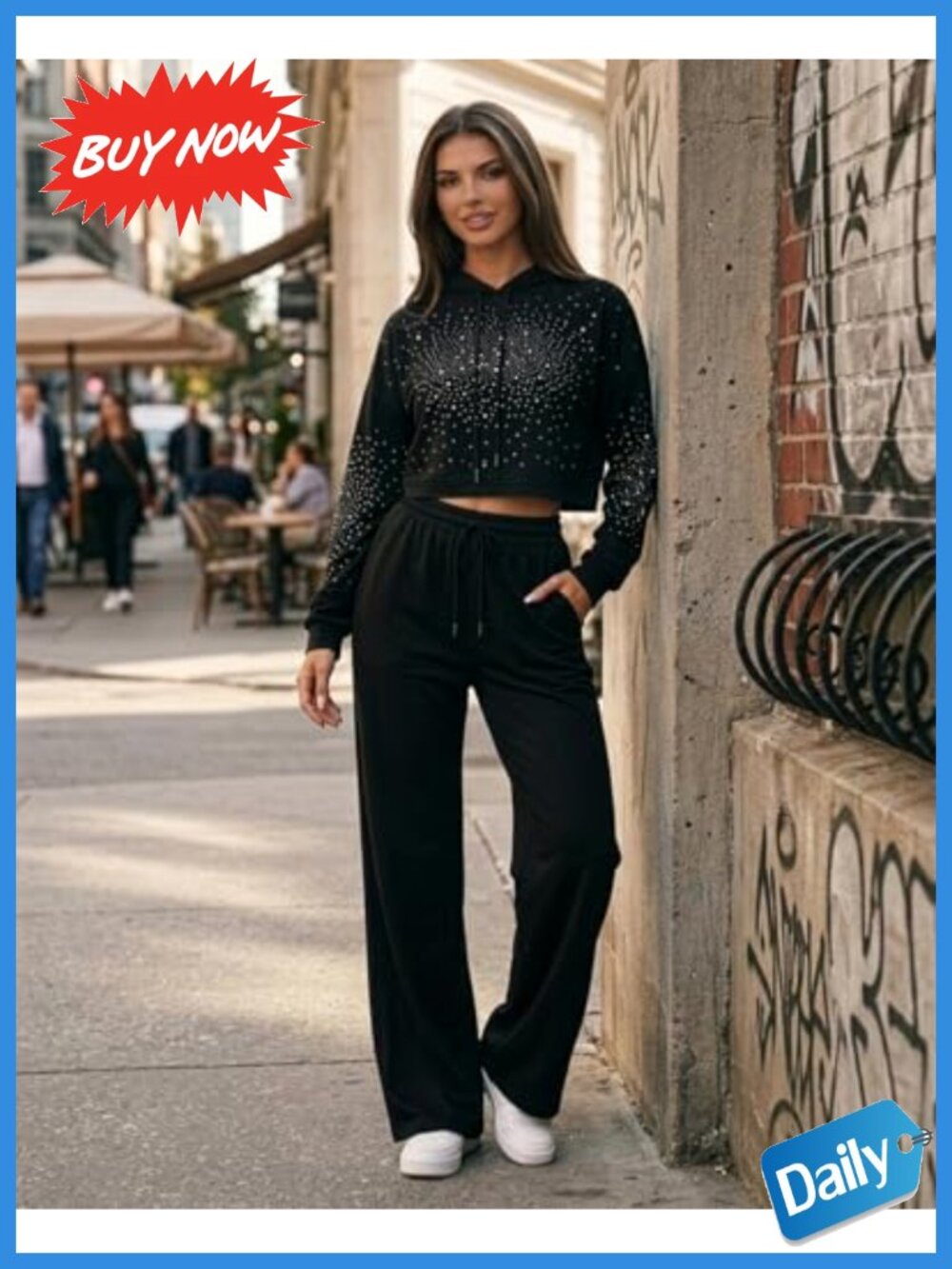 Rhinestone Hoodie Sweatpants Set 2 Piece Cropped Wide Leg Drawstring Womens - Picture 4 of 6